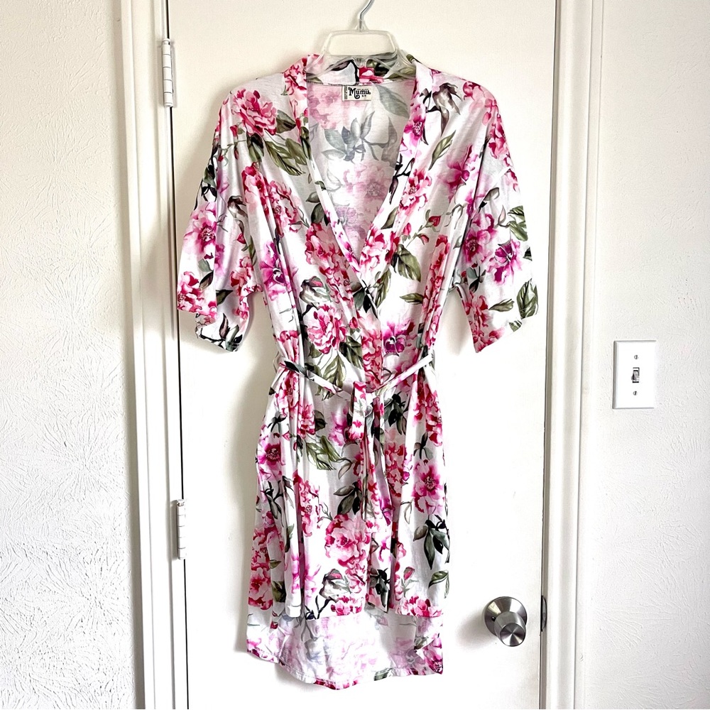Show Me Your Mumu Floral Robe One Size Belted Pink Rose Half Sleeve Bridesmaid